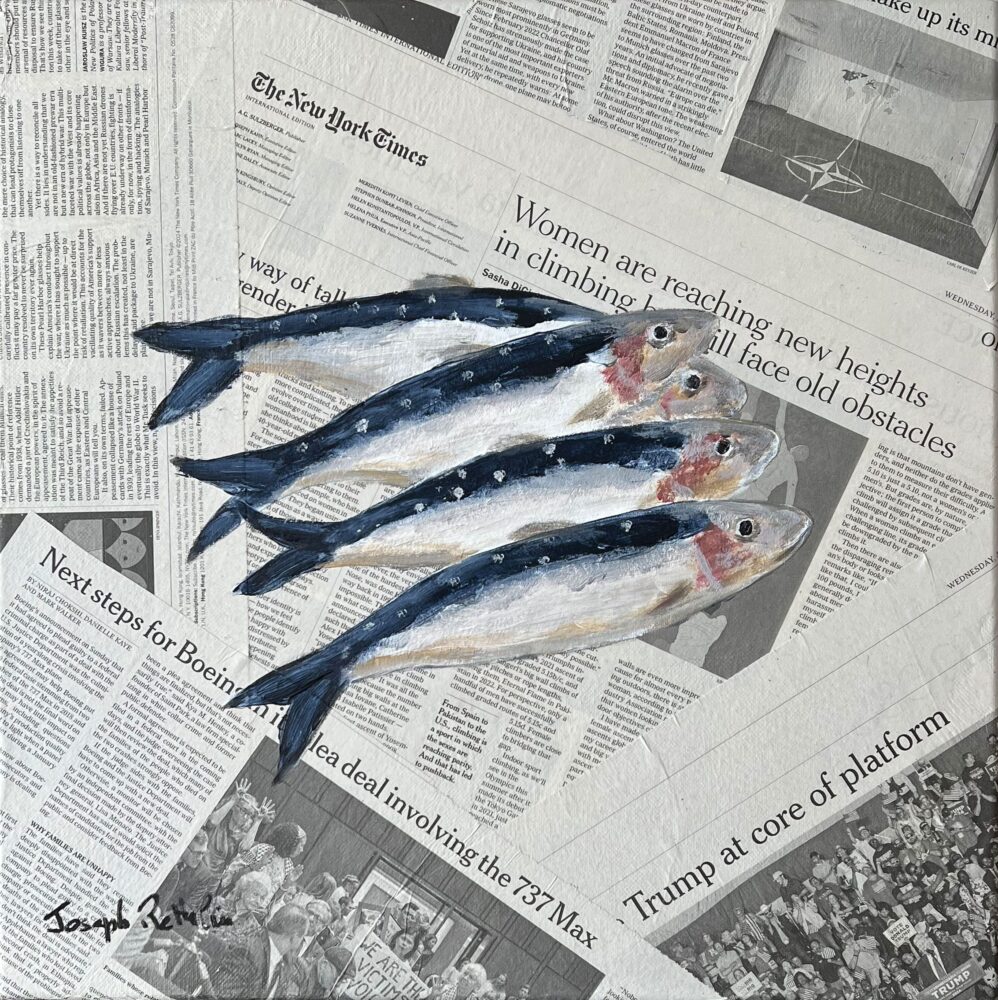Sardines in USA, peinture contemporaine de Joseph Rethlin : quatre sardines réalistes sur un fond de journaux.