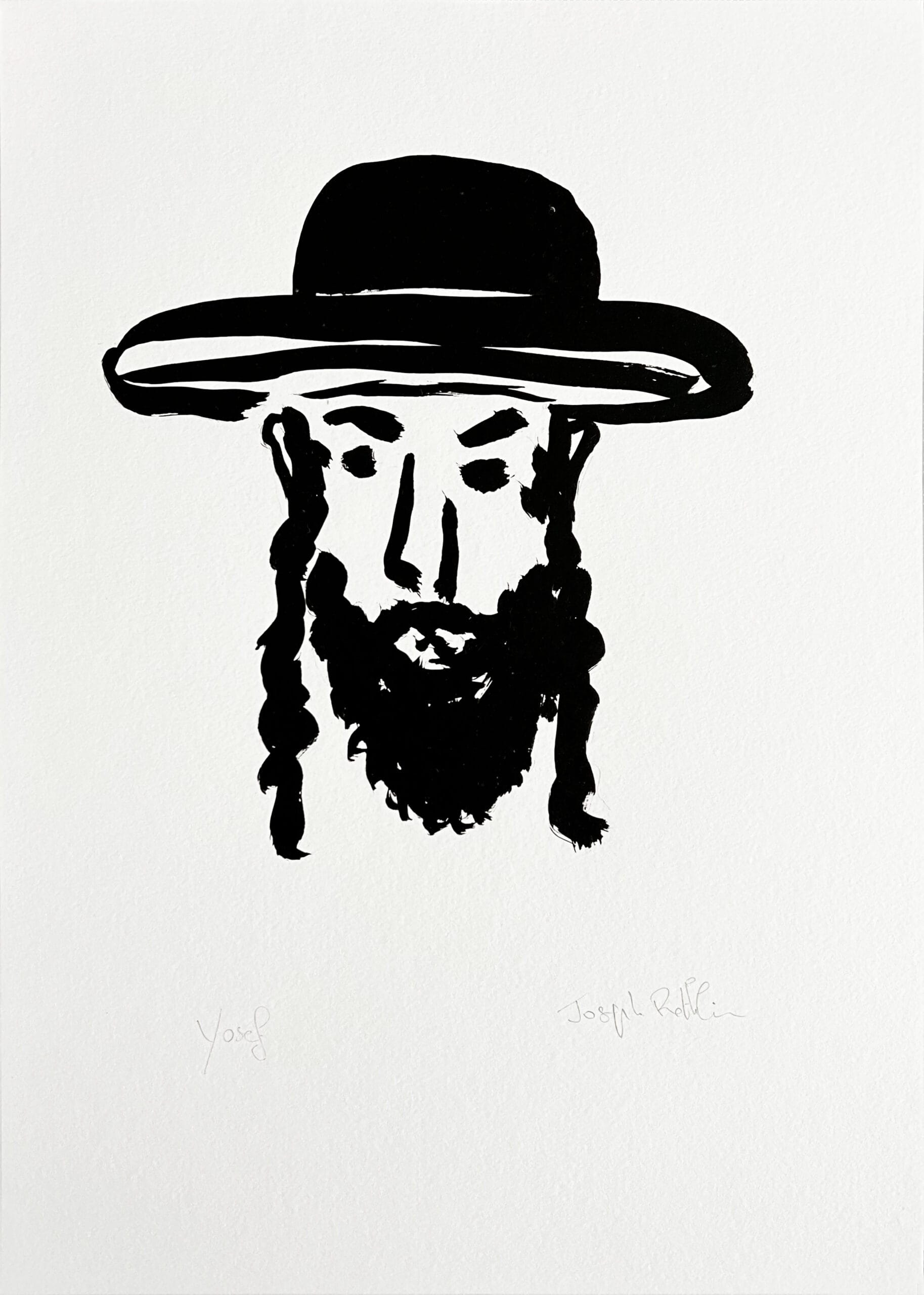 Portrait au lavis d'encre de chine d'un juif orthodoxe, Yosef, papillotes et chapeau.