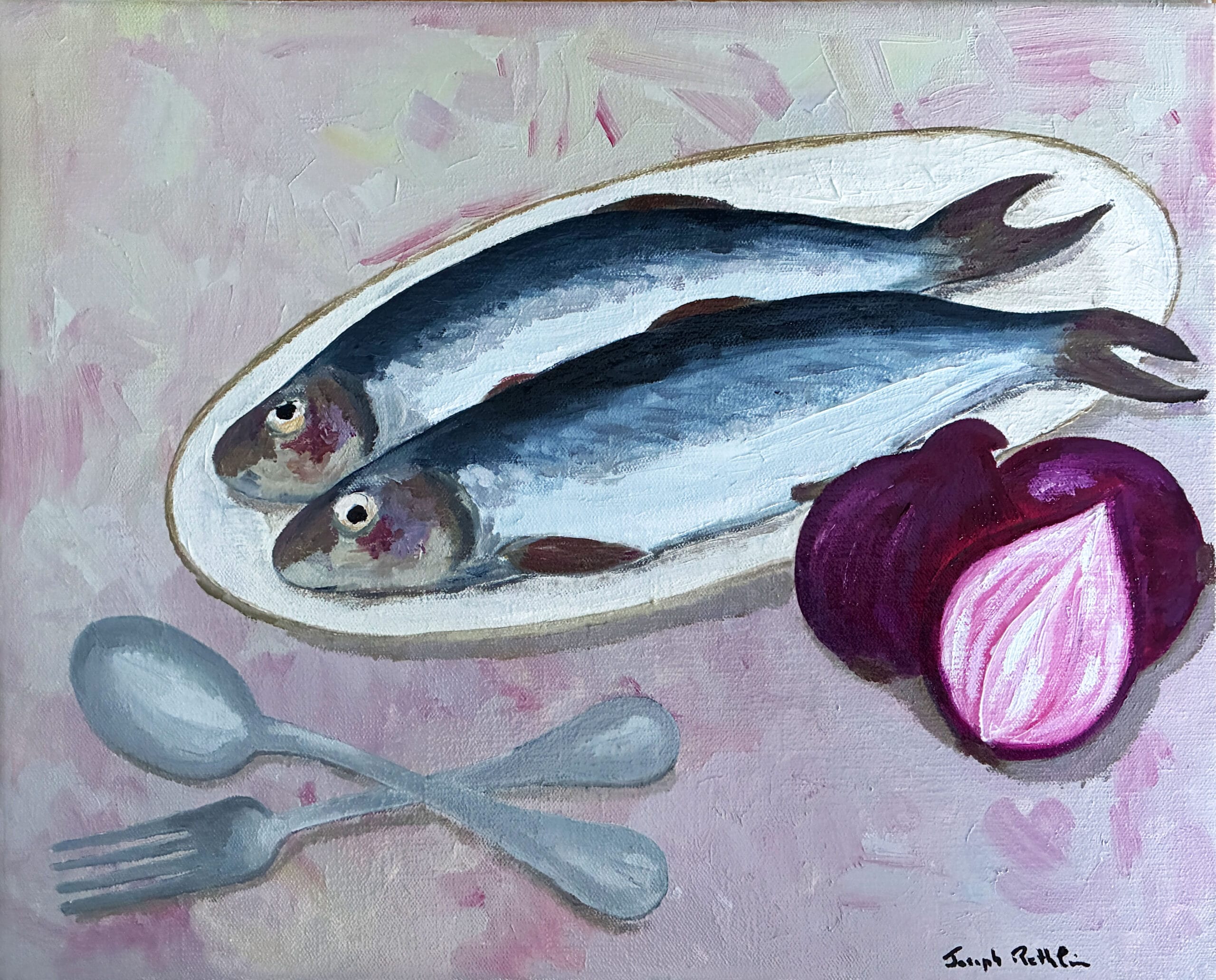 Harengs frais et oignions rouges, poissons en nature morte